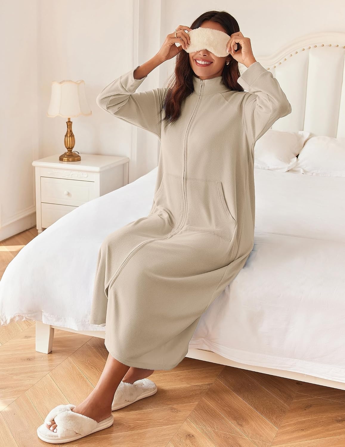 image:imageEkouaer Women Zipper Robe Long Sleeves House Coat Soft Bathrobe HousecoatLight Khaki