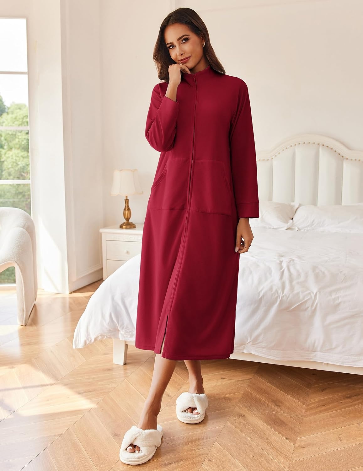 image:imageEkouaer Women Zipper Robe Long Sleeves House Coat Soft Bathrobe HousecoatWine Red