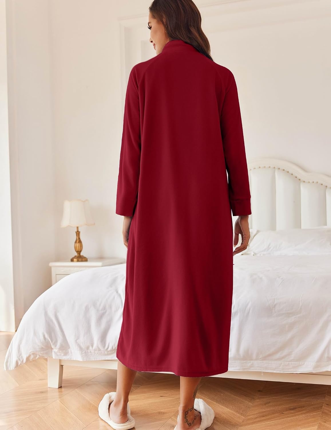 image:imageEkouaer Women Zipper Robe Long Sleeves House Coat Soft Bathrobe HousecoatWine Red