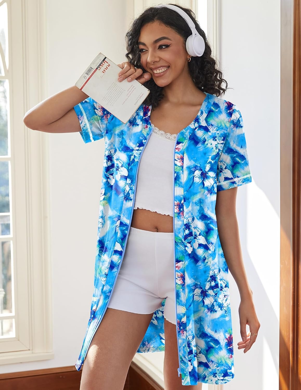 image:imageEkouaer Women Zipper Robe Short Sleeves Housecoat Bathrobes Zip Up RobeAqua Multi