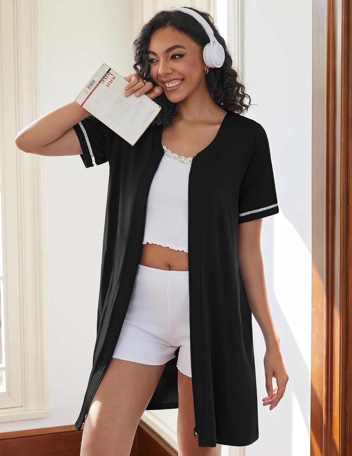 image:imageEkouaer Women Zipper Robe Short Sleeves Housecoat Bathrobes Zip Up RobeBlack