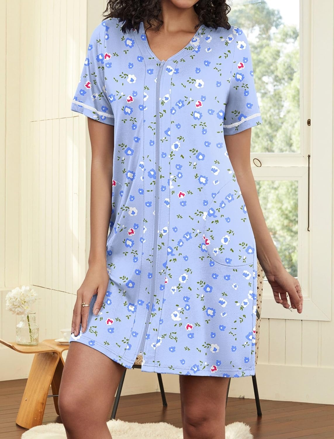 image:imageEkouaer Women Zipper Robe Short Sleeves Housecoat Bathrobes Zip Up RobeBlue Grid Floral