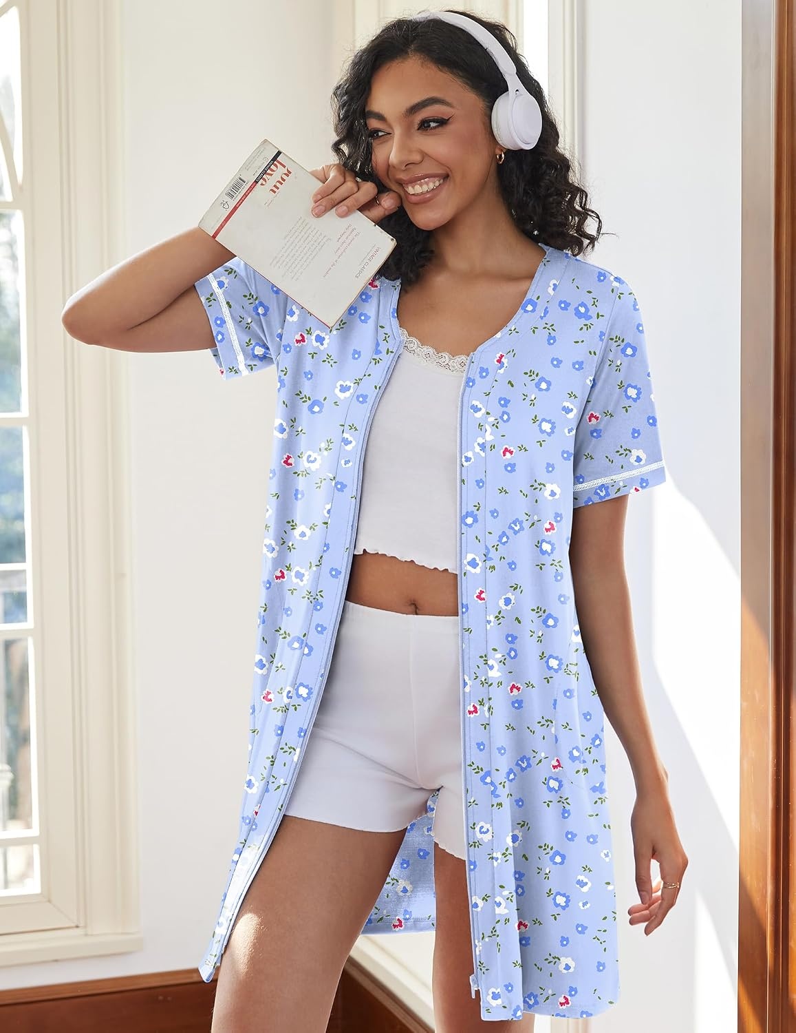 image:imageEkouaer Women Zipper Robe Short Sleeves Housecoat Bathrobes Zip Up RobeBlue Grid Floral
