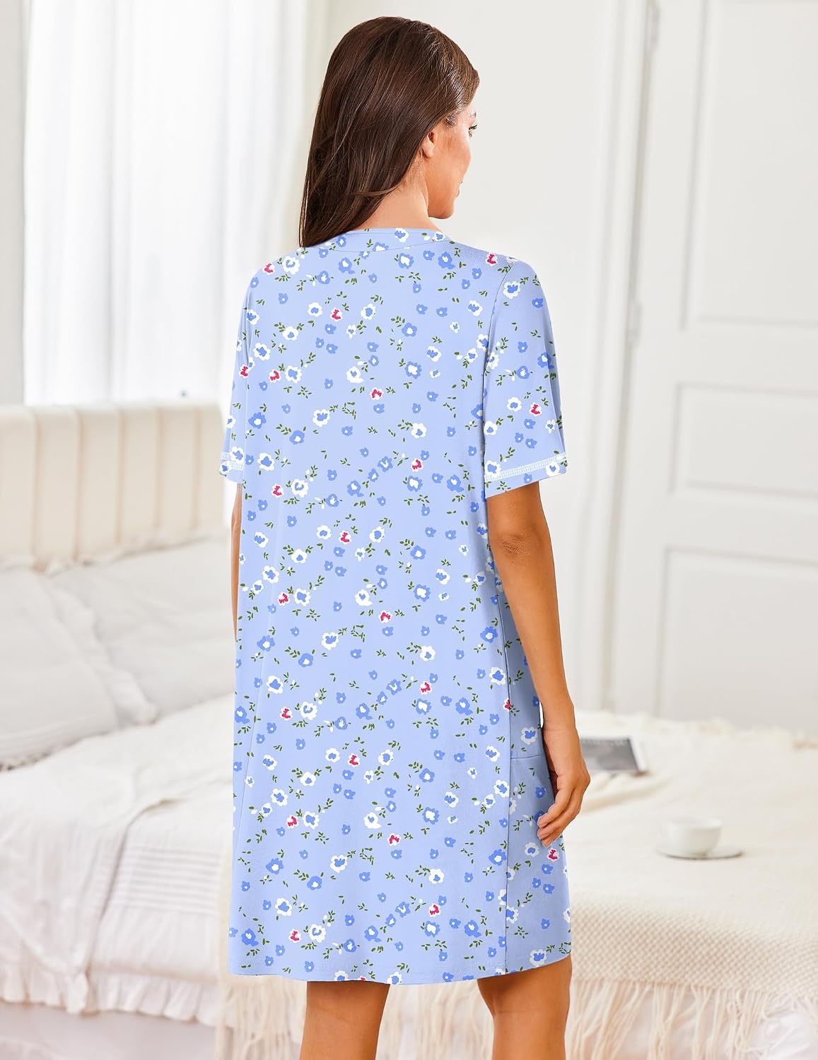 image:imageEkouaer Women Zipper Robe Short Sleeves Housecoat Bathrobes Zip Up RobeBlue Grid Floral
