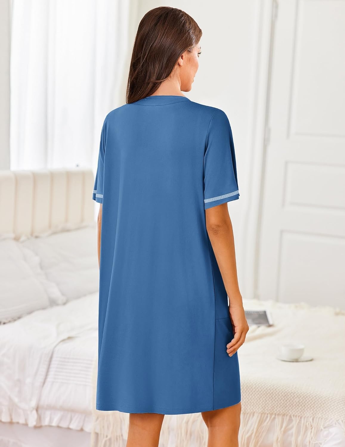 image:imageEkouaer Women Zipper Robe Short Sleeves Housecoat Bathrobes Zip Up RobeDark Blue