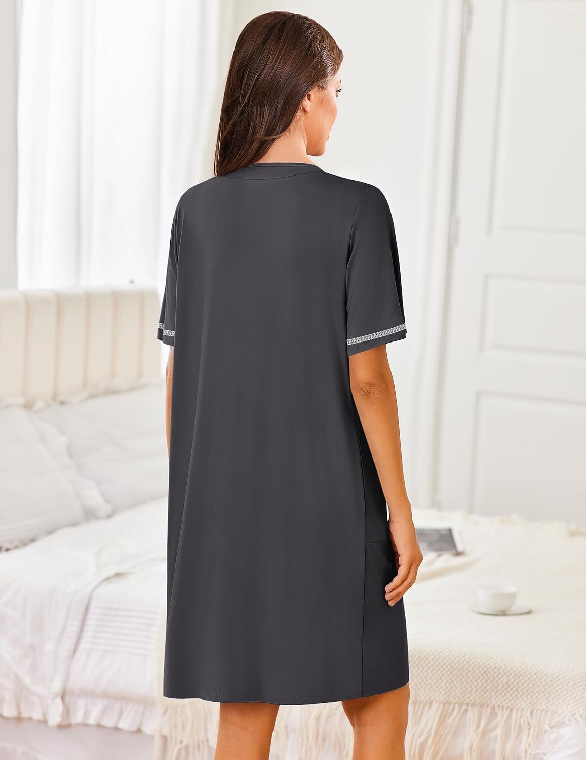 image:imageEkouaer Women Zipper Robe Short Sleeves Housecoat Bathrobes Zip Up RobeDark Gray