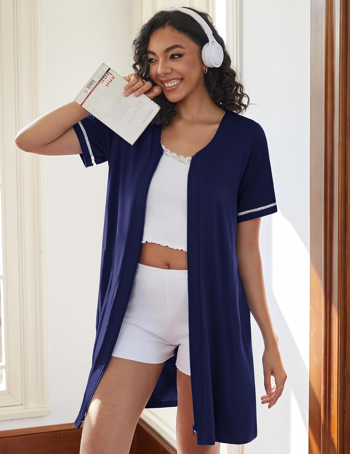 image:imageEkouaer Women Zipper Robe Short Sleeves Housecoat Bathrobes Zip Up RobeNavy Blue