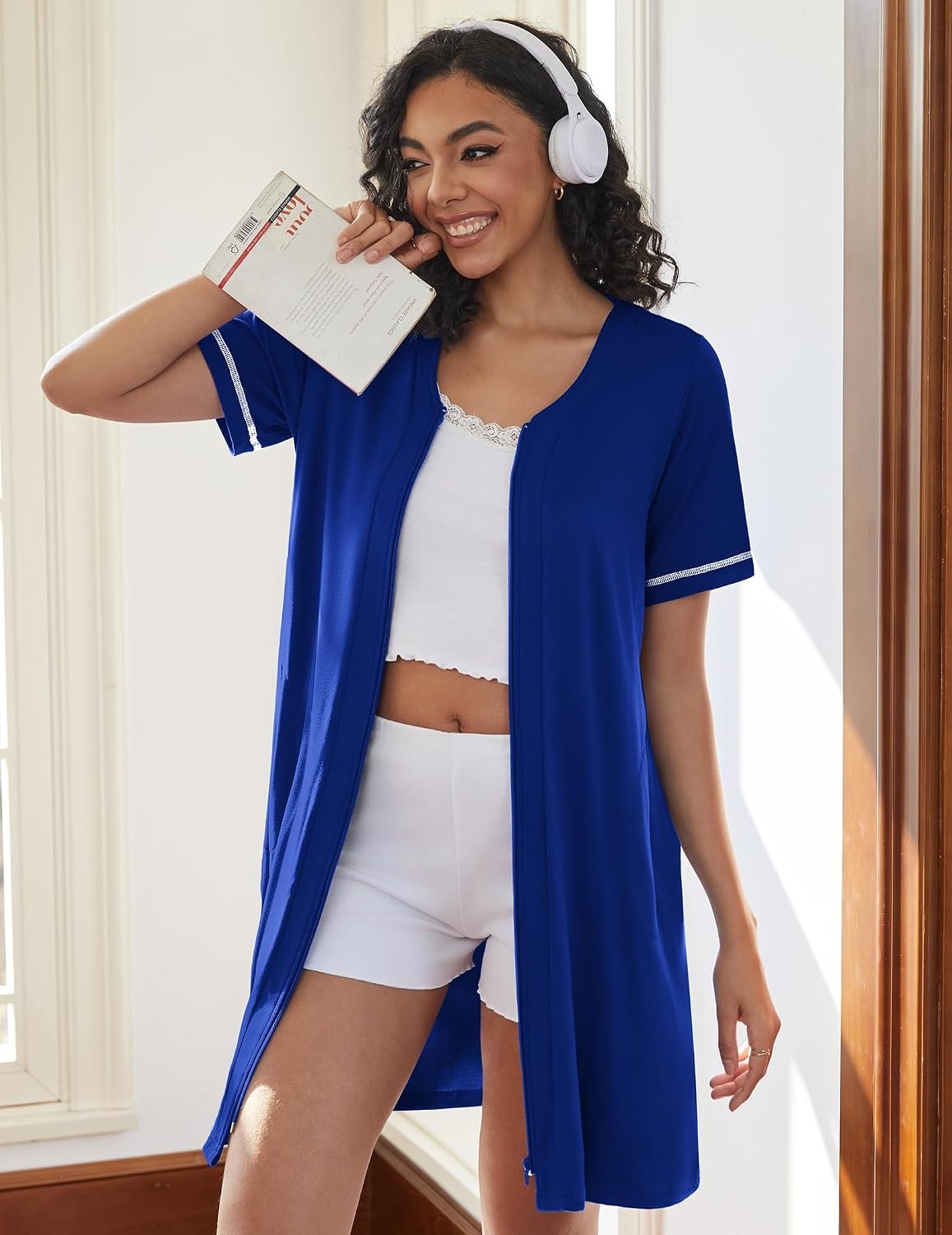image:imageEkouaer Women Zipper Robe Short Sleeves Housecoat Bathrobes Zip Up RobeSky Blue