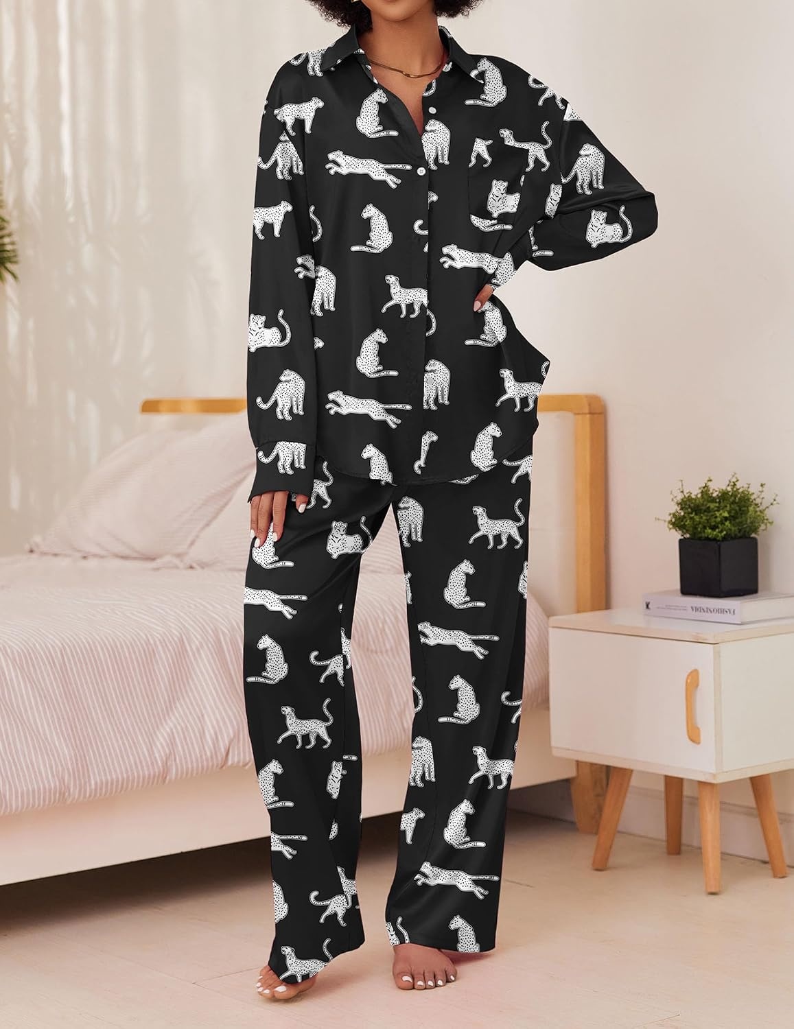 image:imageEkouaer Womens Satin Silky Pajama Set Soft Long PJs Button Down LoungewearBblack Leopard