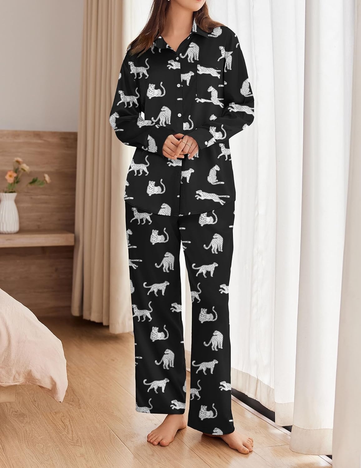 image:imageEkouaer Womens Satin Silky Pajama Set Soft Long PJs Button Down LoungewearBblack Leopard