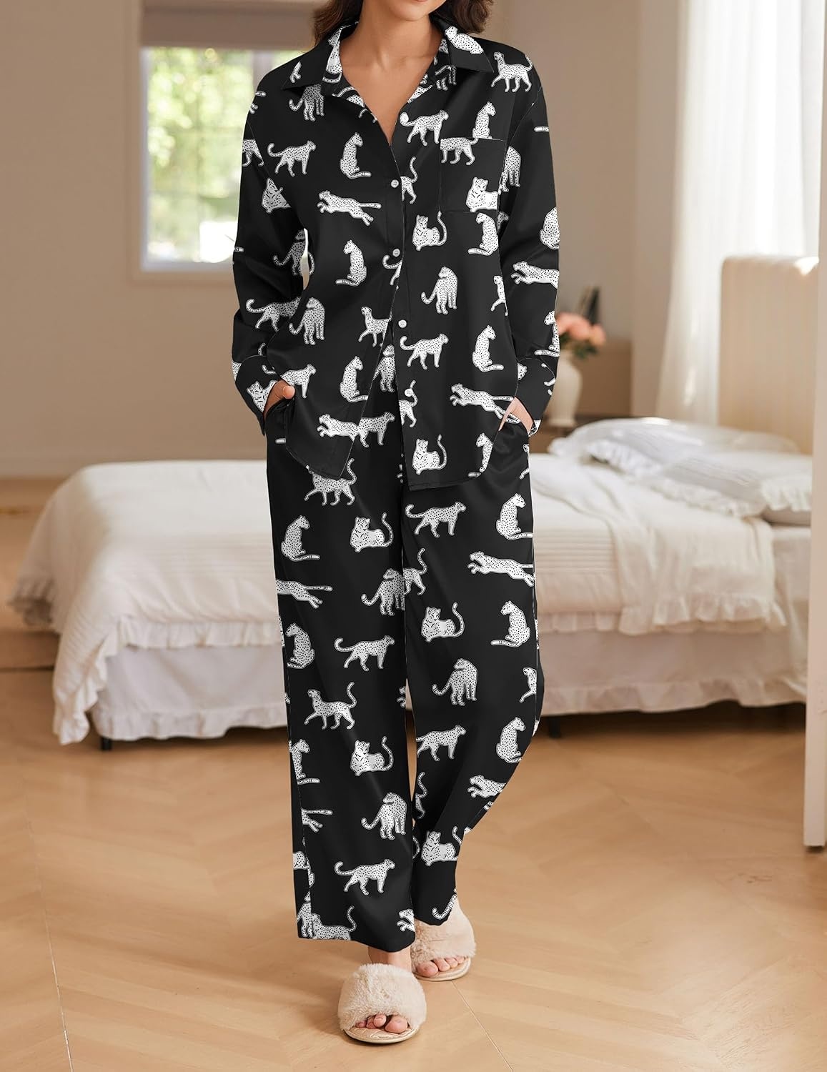 image:imageEkouaer Womens Satin Silky Pajama Set Soft Long PJs Button Down LoungewearBblack Leopard