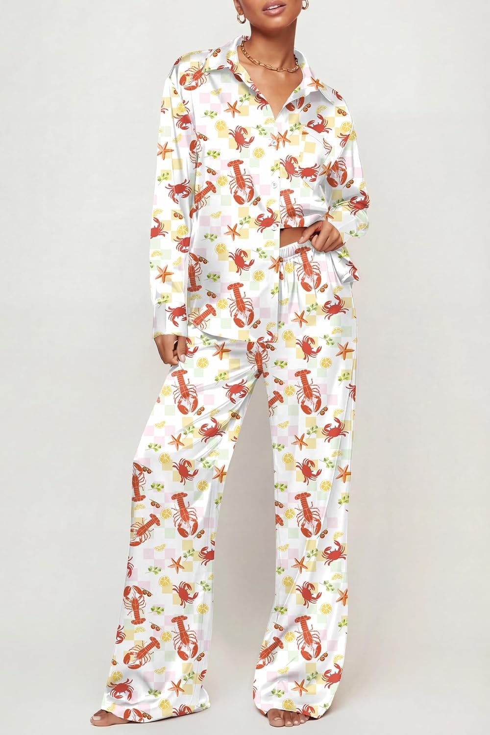 image:imageEkouaer Womens Satin Silky Pajama Set Soft Long PJs Button Down LoungewearCcrayfish