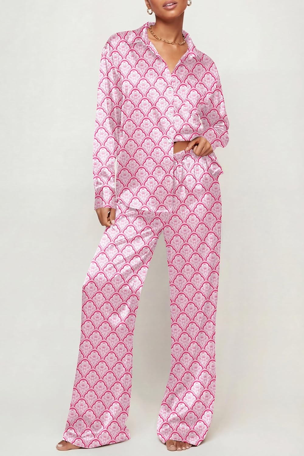 image:imageEkouaer Womens Satin Silky Pajama Set Soft Long PJs Button Down LoungewearCnational Pattern