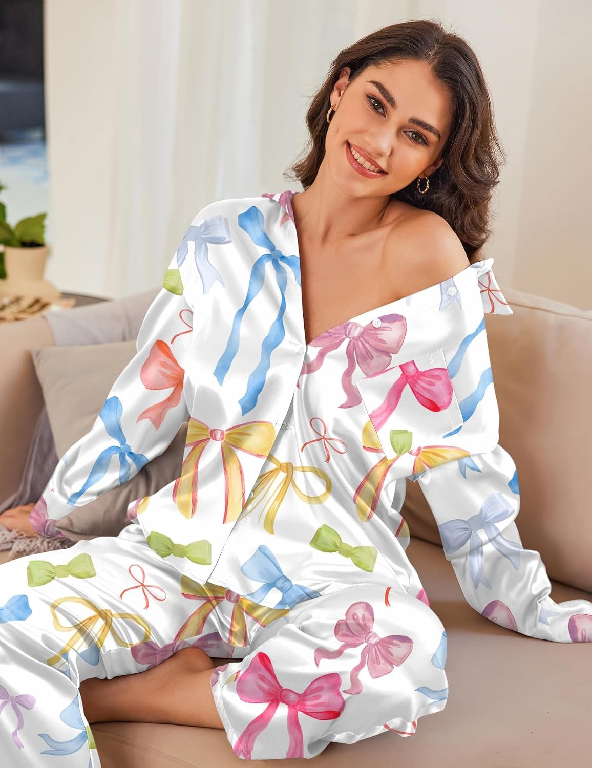 image:imageEkouaer Womens Satin Silky Pajama Set Soft Long PJs Button Down LoungewearColorful Bow