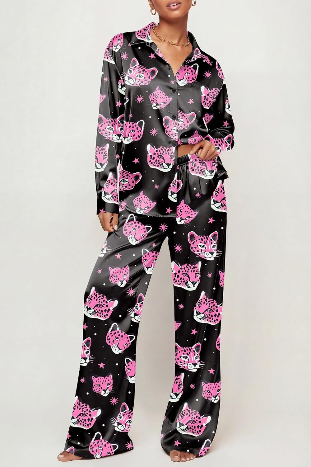 image:imageEkouaer Womens Satin Silky Pajama Set Soft Long PJs Button Down LoungewearCpink Leopard