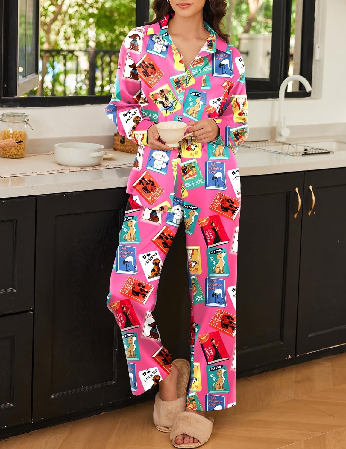 image:imageEkouaer Womens Satin Silky Pajama Set Soft Long PJs Button Down LoungewearRed Cartoon Book Print