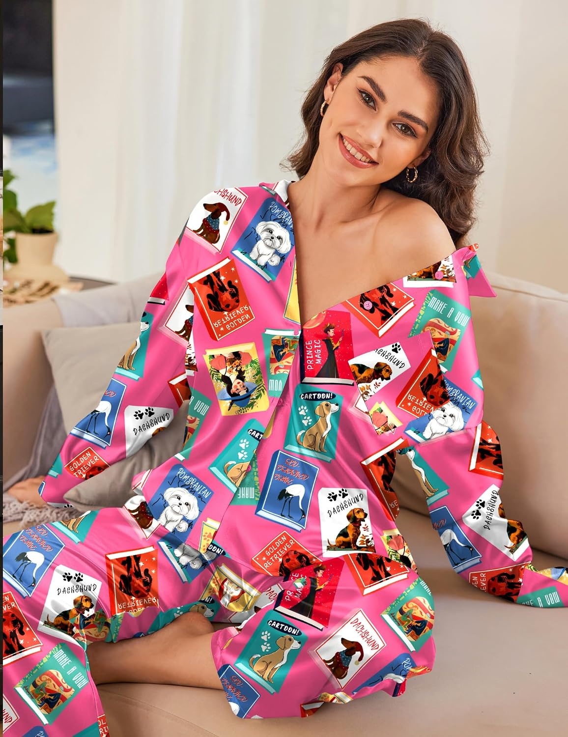 image:imageEkouaer Womens Satin Silky Pajama Set Soft Long PJs Button Down LoungewearRed Cartoon Book Print