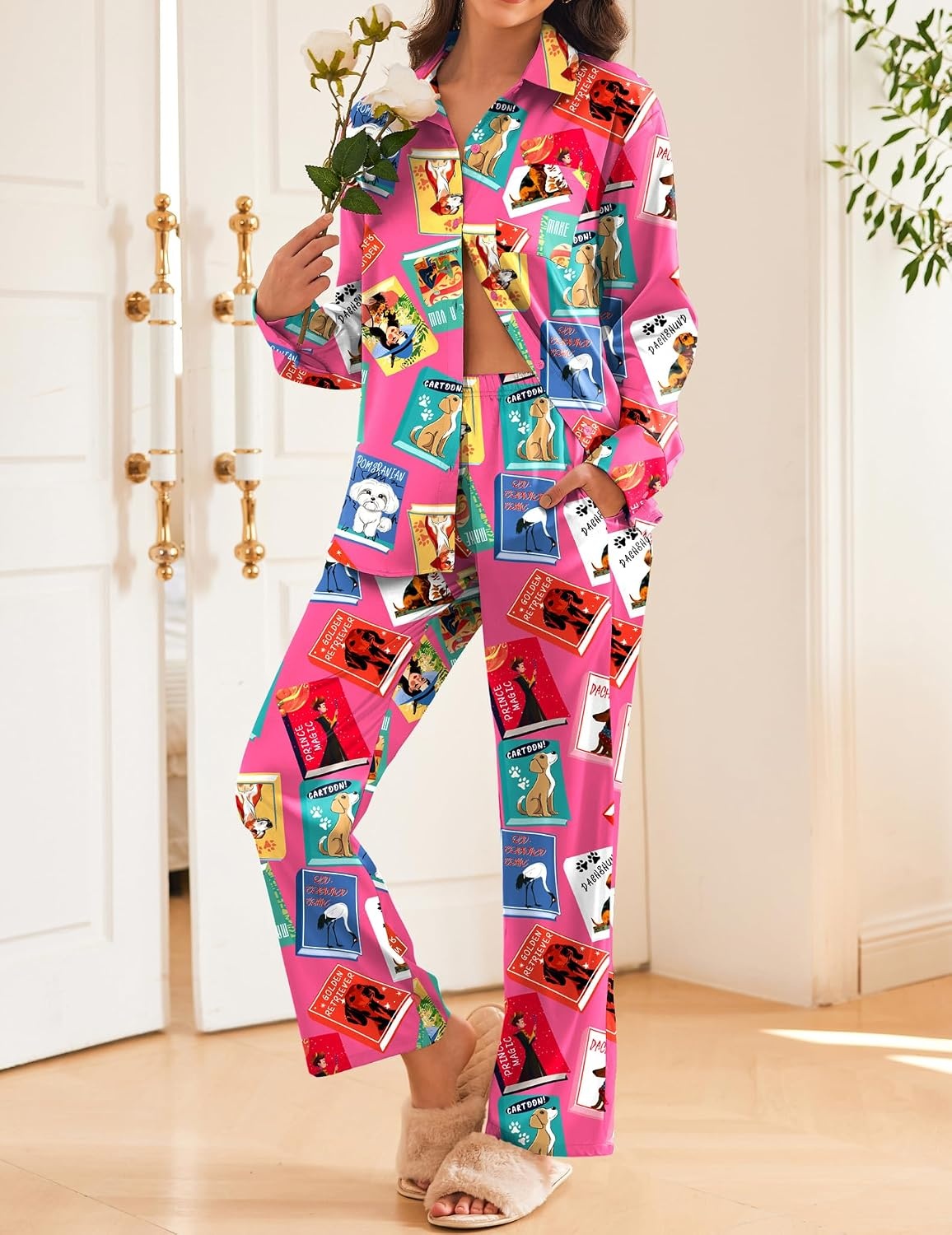 image:imageEkouaer Womens Satin Silky Pajama Set Soft Long PJs Button Down LoungewearRed Cartoon Book Print