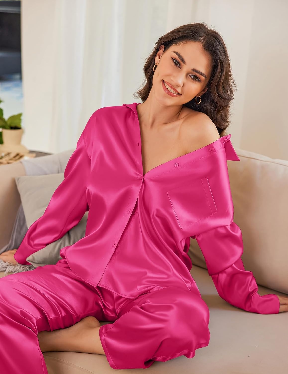 image:imageEkouaer Womens Satin Silky Pajama Set Soft Long PJs Button Down LoungewearRose Red