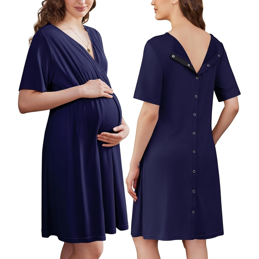 image:imageEkouaer Labor and Delivery Gown for Hospital V Neck Maternity Nursing DressNavy Blue