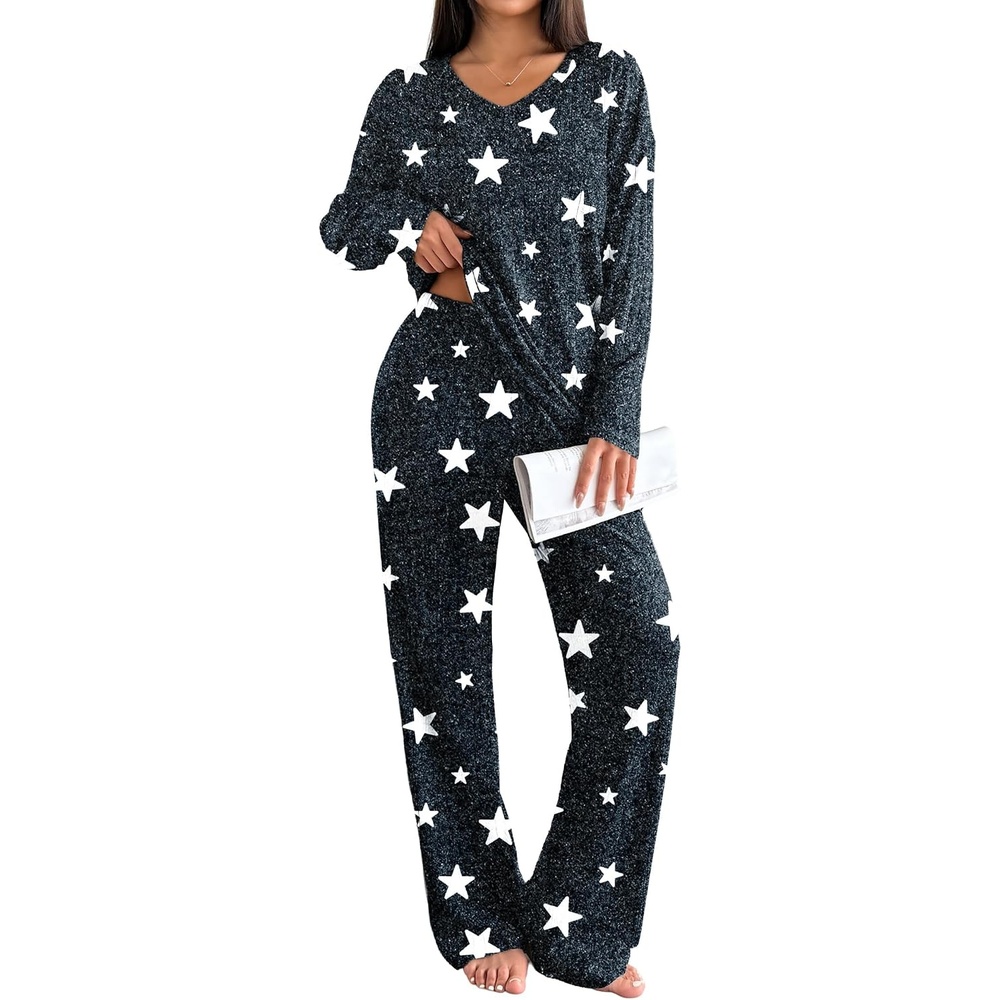 image:imageEkouaer Lounge Sets for Women Long Sleeve Knit Ribbed Pajama Sets 2 Piece Casual Loungewear with PocketsGray Stars