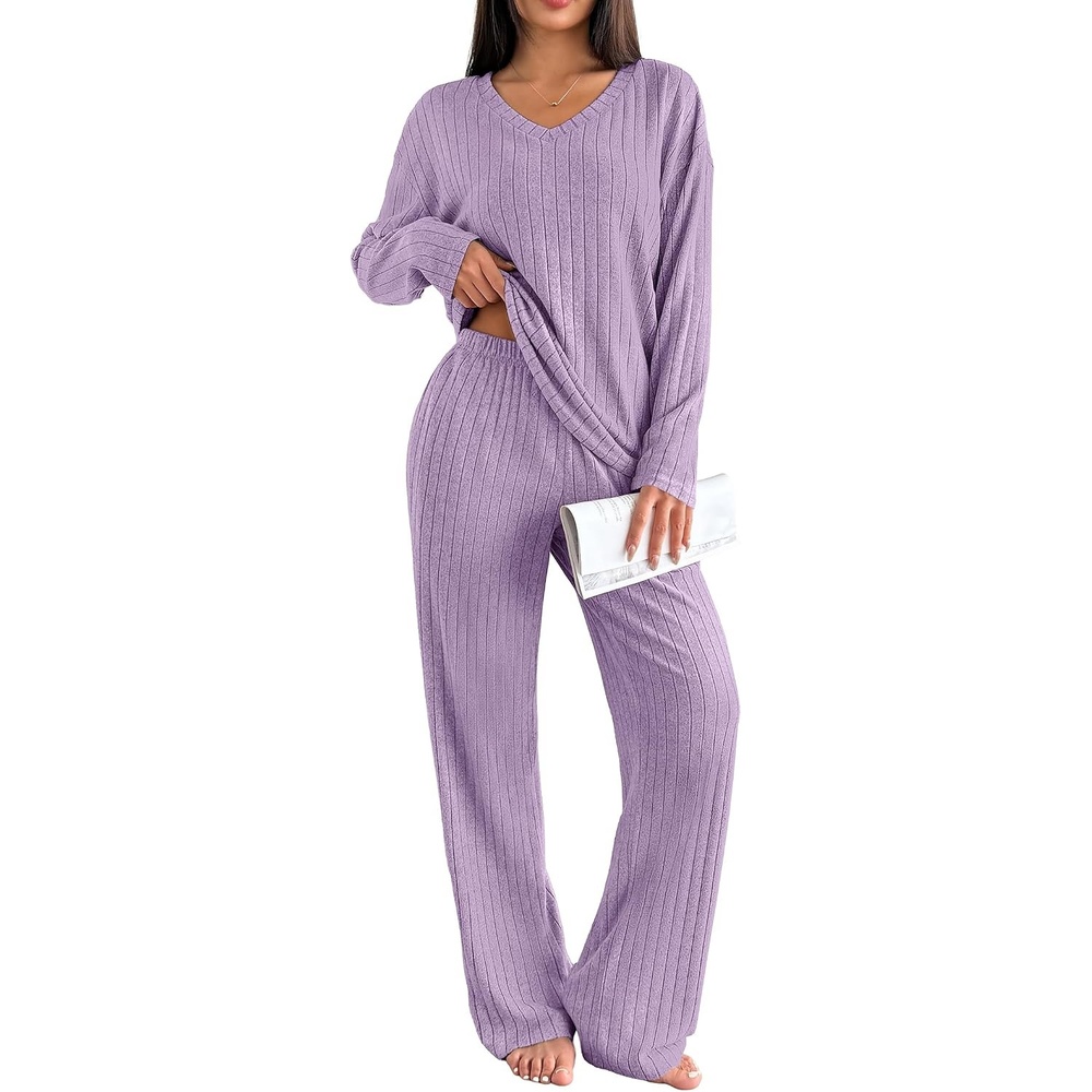 image:imageEkouaer Lounge Sets for Women Long Sleeve Knit Ribbed Pajama Sets 2 Piece Casual Loungewear with PocketsPurple