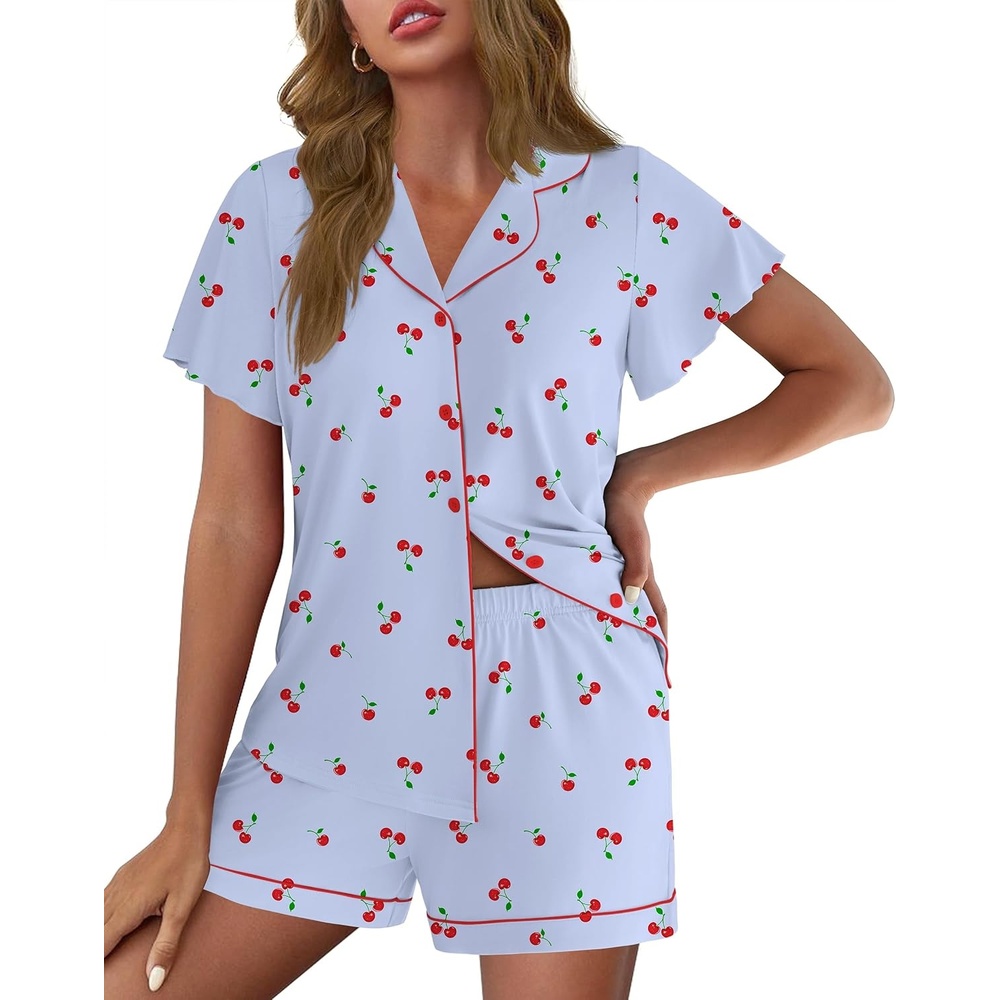 image:imageEkouaer Pajamas for Women Set Button Up Bridal Pjs Ruffle SleeveBlue Cherry