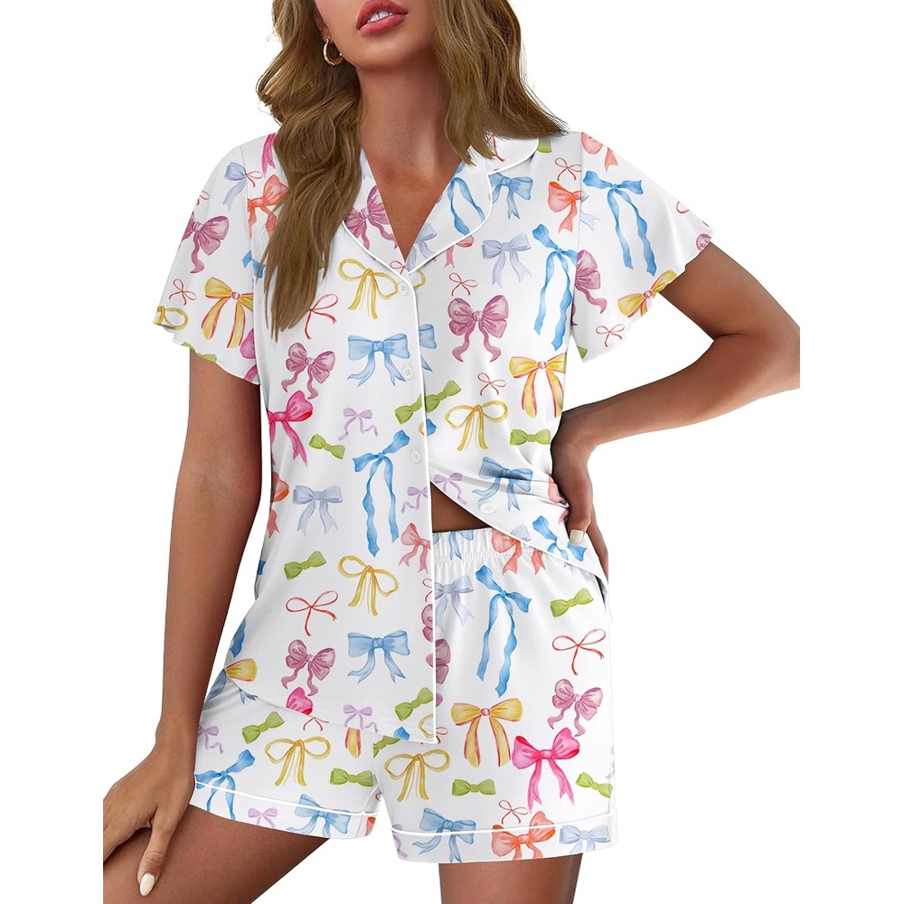 image:imageEkouaer Pajamas for Women Set Button Up Bridal Pjs Ruffle SleeveColorful Bow Tie