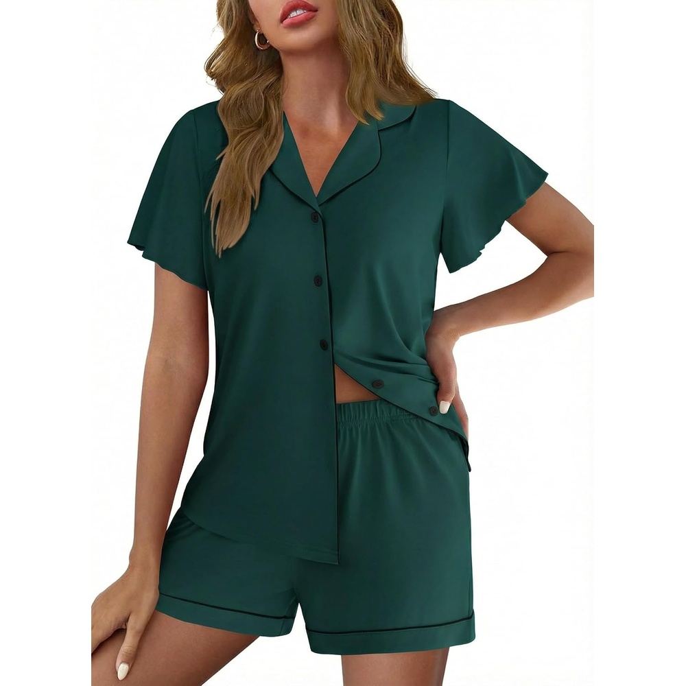 image:imageEkouaer Pajamas for Women Set Button Up Bridal Pjs Ruffle SleeveGreen