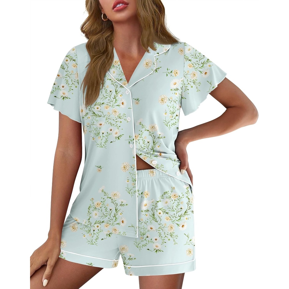 image:imageEkouaer Pajamas for Women Set Button Up Bridal Pjs Ruffle SleeveGreen Daisy