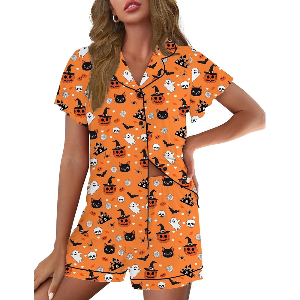 image:imageEkouaer Pajamas for Women Set Button Up Bridal Pjs Ruffle SleeveHalloween Orange