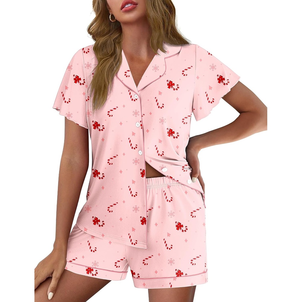 image:imageEkouaer Pajamas for Women Set Button Up Bridal Pjs Ruffle SleevePink Candy Cane
