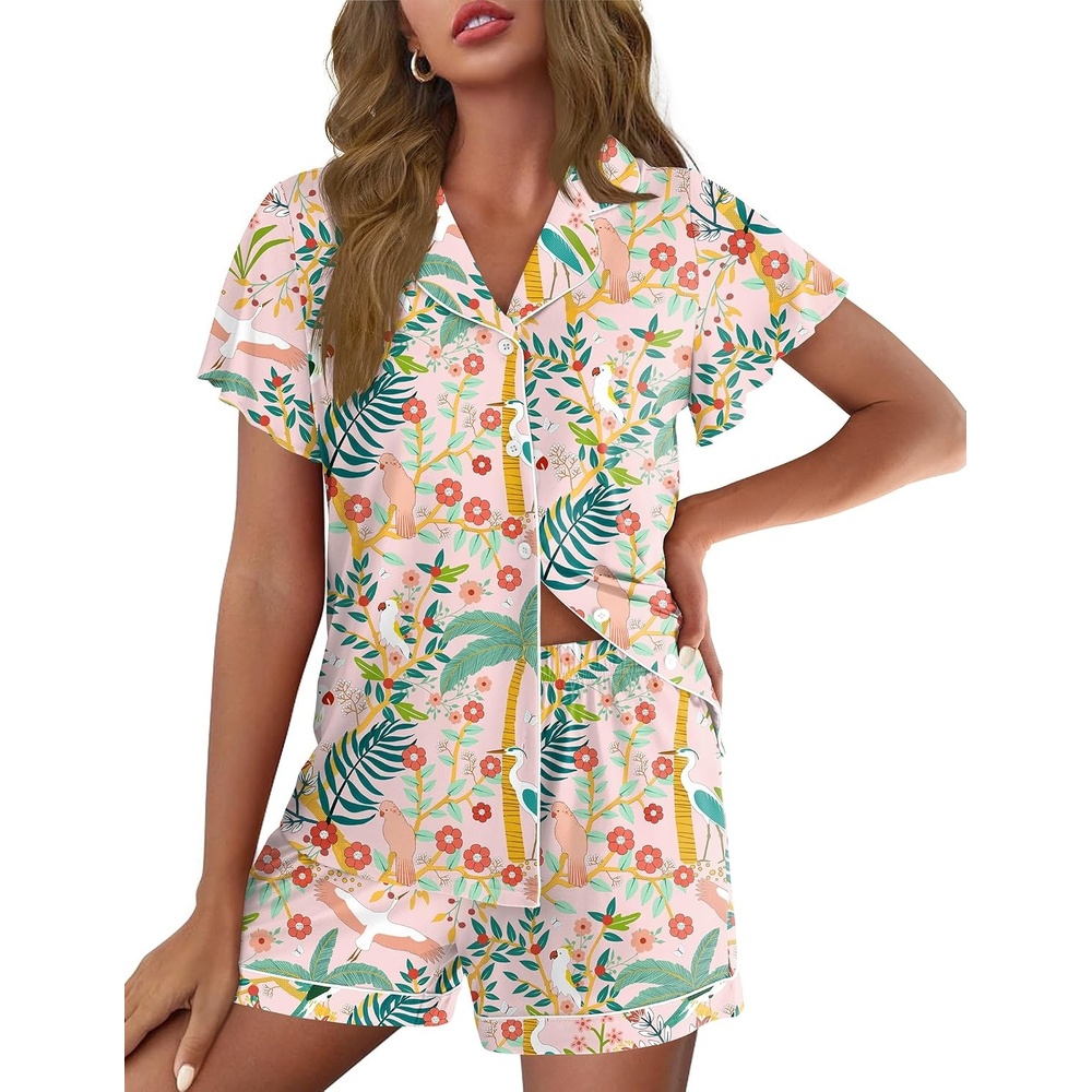 image:imageEkouaer Pajamas for Women Set Button Up Bridal Pjs Ruffle SleeveTropical Print