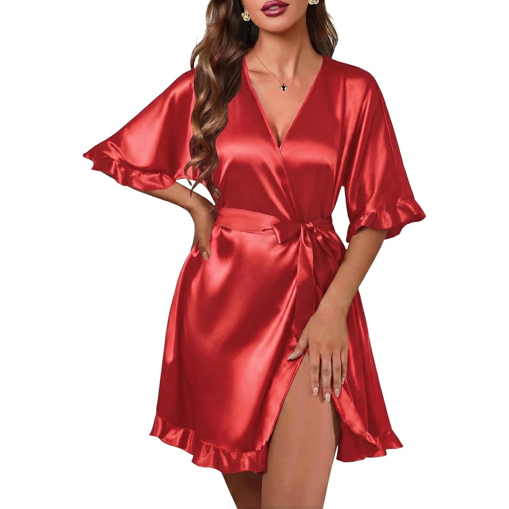 image:imageEkouaer Silk Robes for Women Short Lightweight Bathrobe Satin Kimono RobesRed