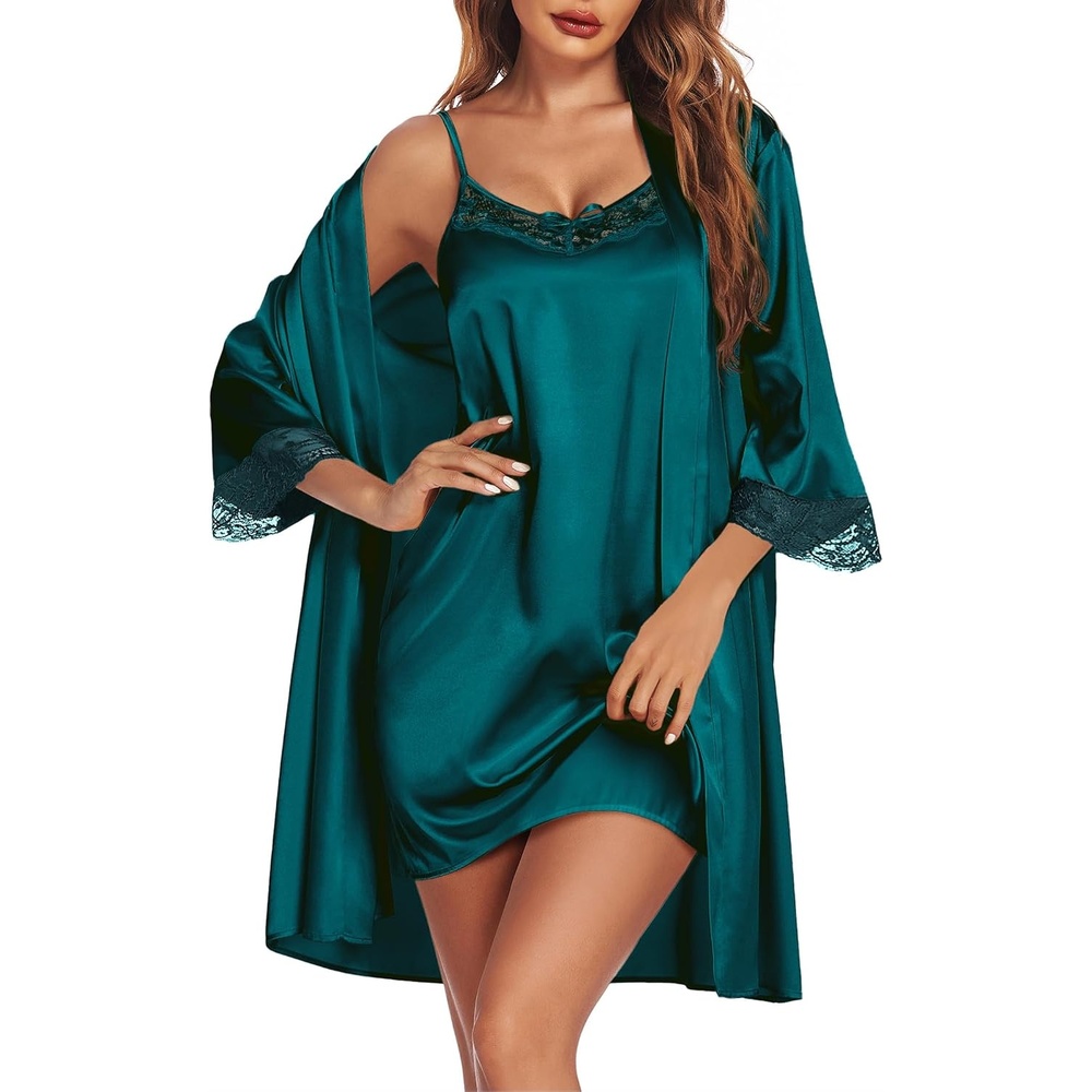 image:imageEkouaer Sleepwear Womens Satin Nightgown with Robes Set 2 PieceDark Green