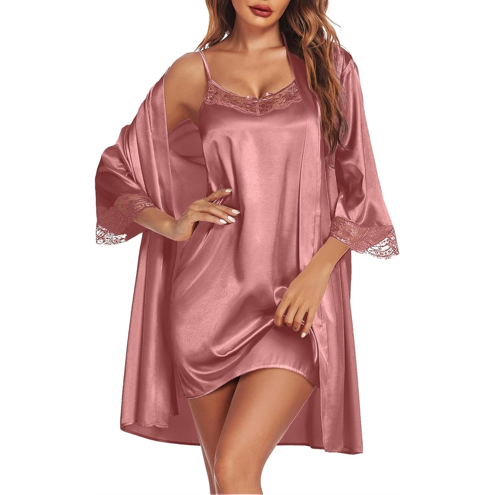 image:imageEkouaer Sleepwear Womens Satin Nightgown with Robes Set 2 PiecePurplish Red