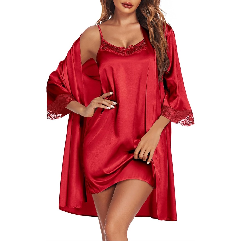 image:imageEkouaer Sleepwear Womens Satin Nightgown with Robes Set 2 PieceRed
