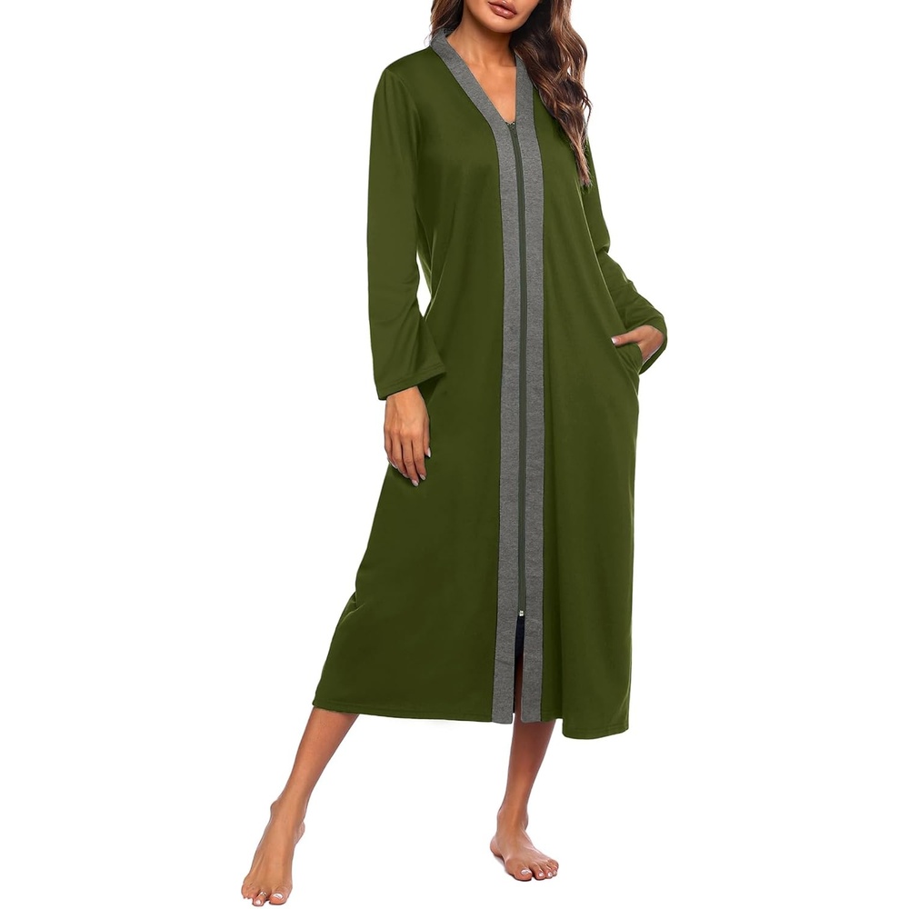 image:imageEkouaer Women Zipper Robe Long Sleeve Housecoat Soft Nightgown with PocketsArmy Green