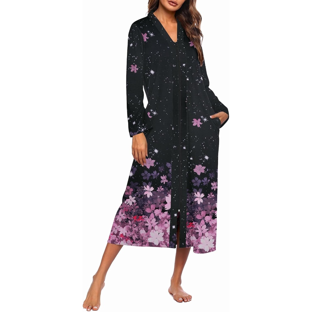image:imageEkouaer Women Zipper Robe Long Sleeve Housecoat Soft Nightgown with PocketsBlack Sakura