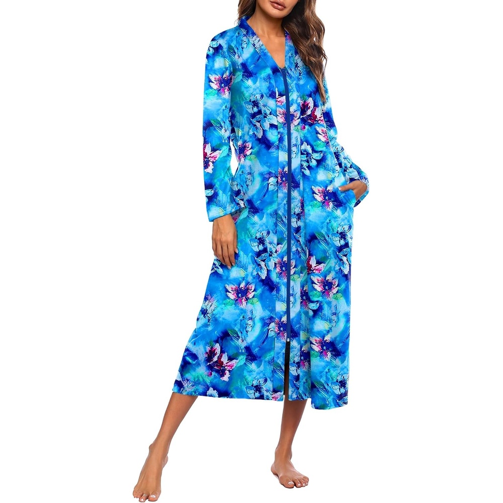 image:imageEkouaer Women Zipper Robe Long Sleeve Housecoat Soft Nightgown with PocketsBlue Floral