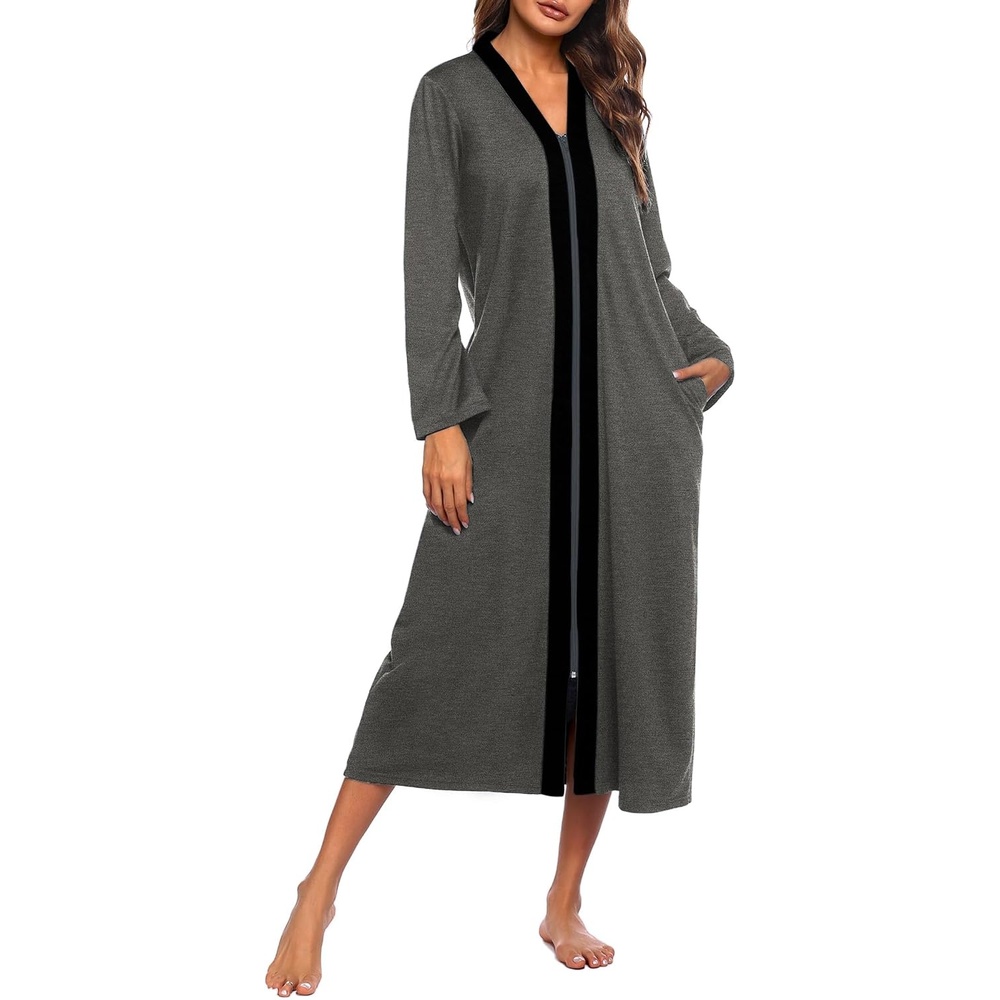 image:imageEkouaer Women Zipper Robe Long Sleeve Housecoat Soft Nightgown with PocketsDark Gray Black