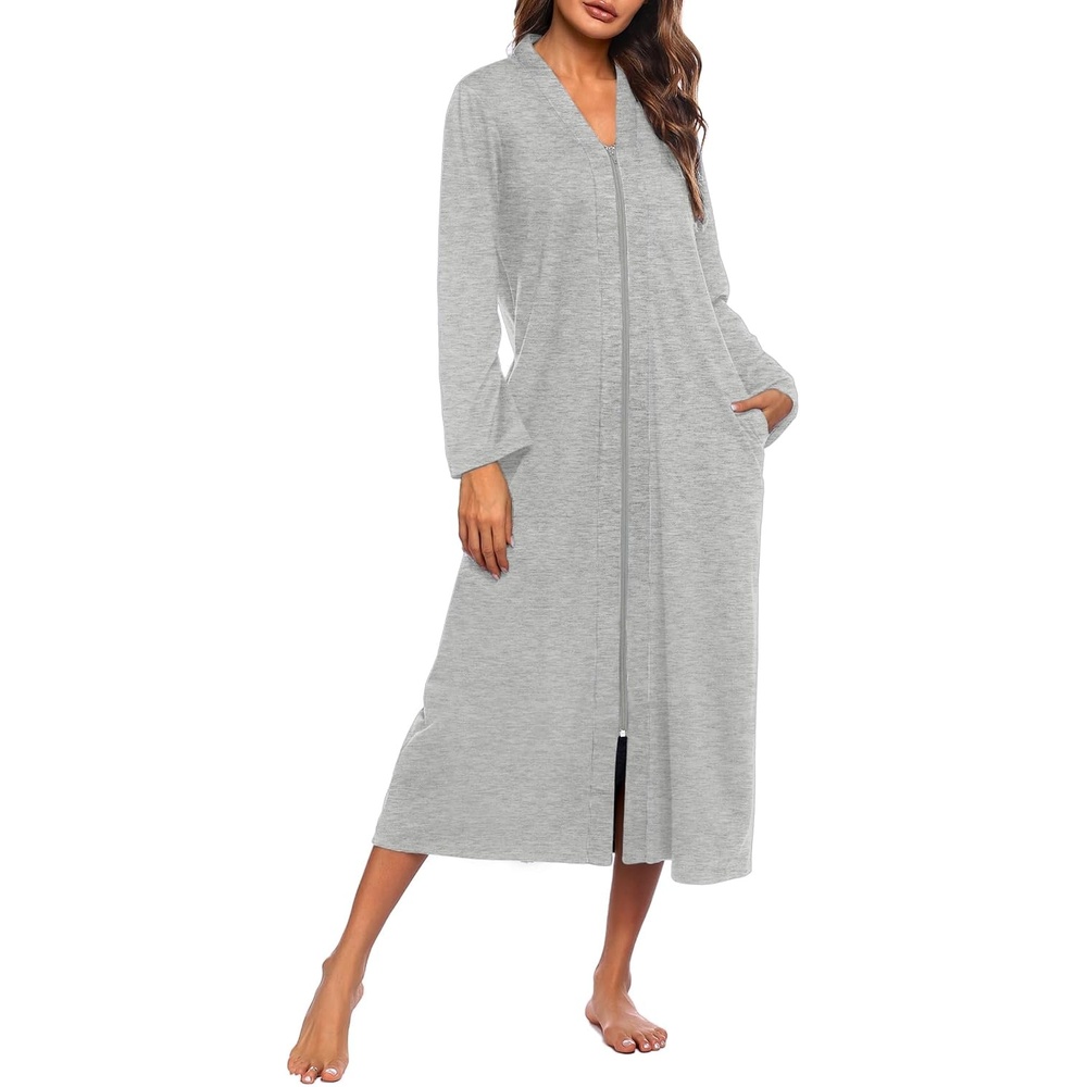 image:imageEkouaer Women Zipper Robe Long Sleeve Housecoat Soft Nightgown with PocketsGray
