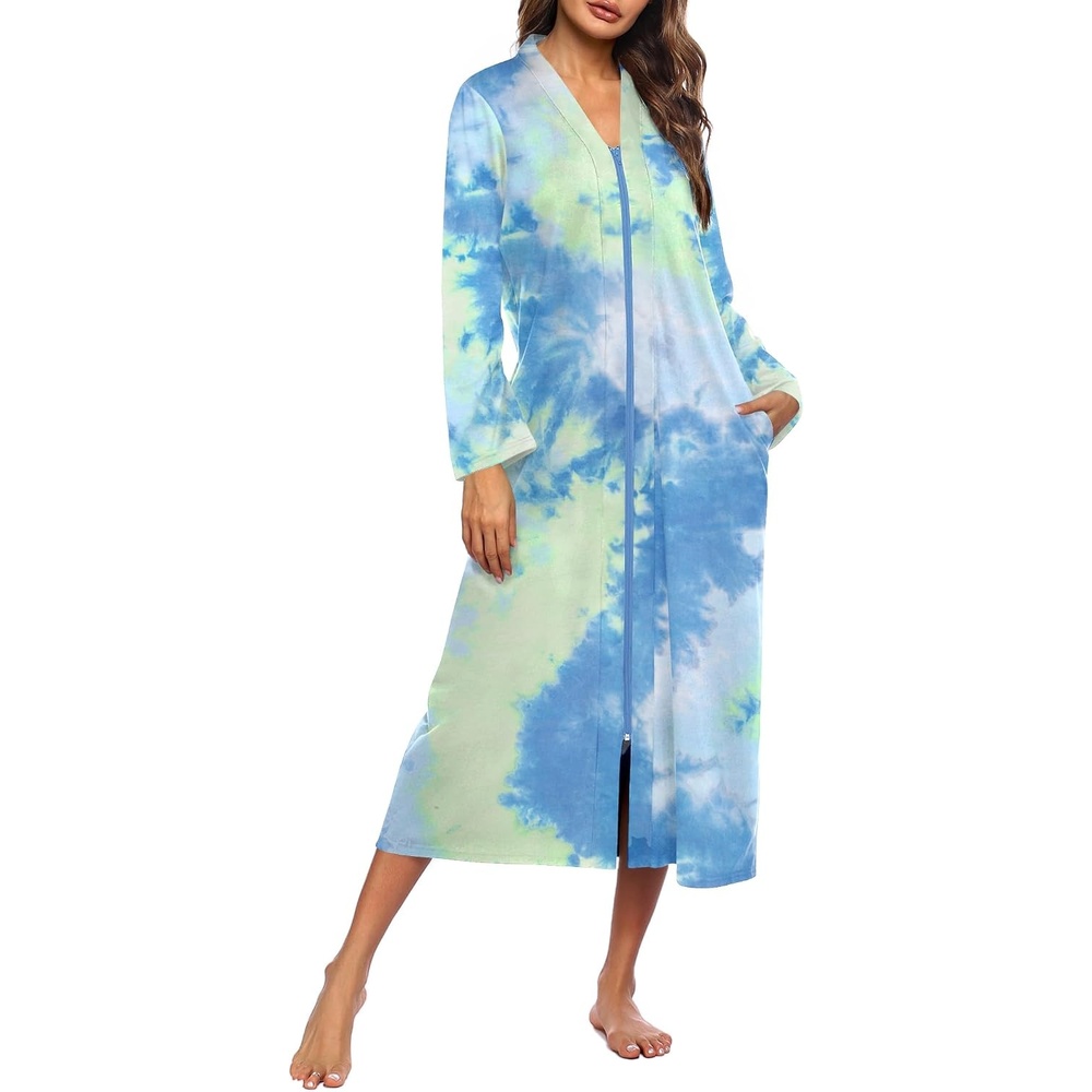 image:imageEkouaer Women Zipper Robe Long Sleeve Housecoat Soft Nightgown with PocketsGreen Tie Dye