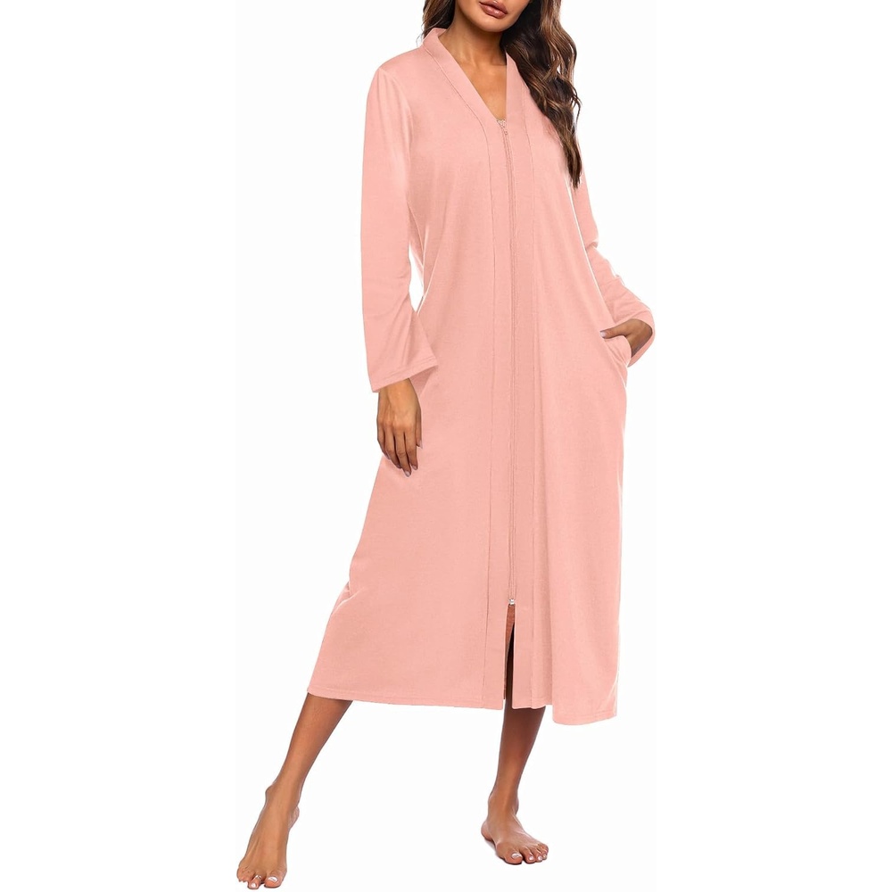 image:imageEkouaer Women Zipper Robe Long Sleeve Housecoat Soft Nightgown with PocketsLight Coralline