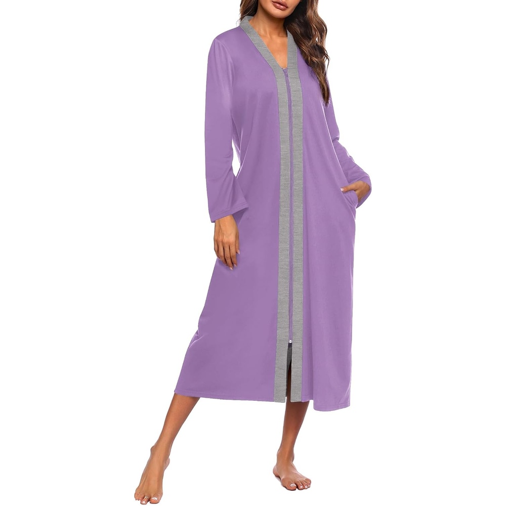 image:imageEkouaer Women Zipper Robe Long Sleeve Housecoat Soft Nightgown with PocketsLight Purple