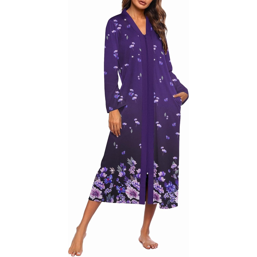 image:imageEkouaer Women Zipper Robe Long Sleeve Housecoat Soft Nightgown with PocketsPurple Floral