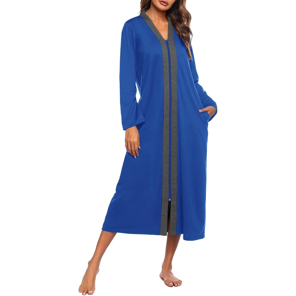 image:imageEkouaer Women Zipper Robe Long Sleeve Housecoat Soft Nightgown with PocketsSnorkel Blue