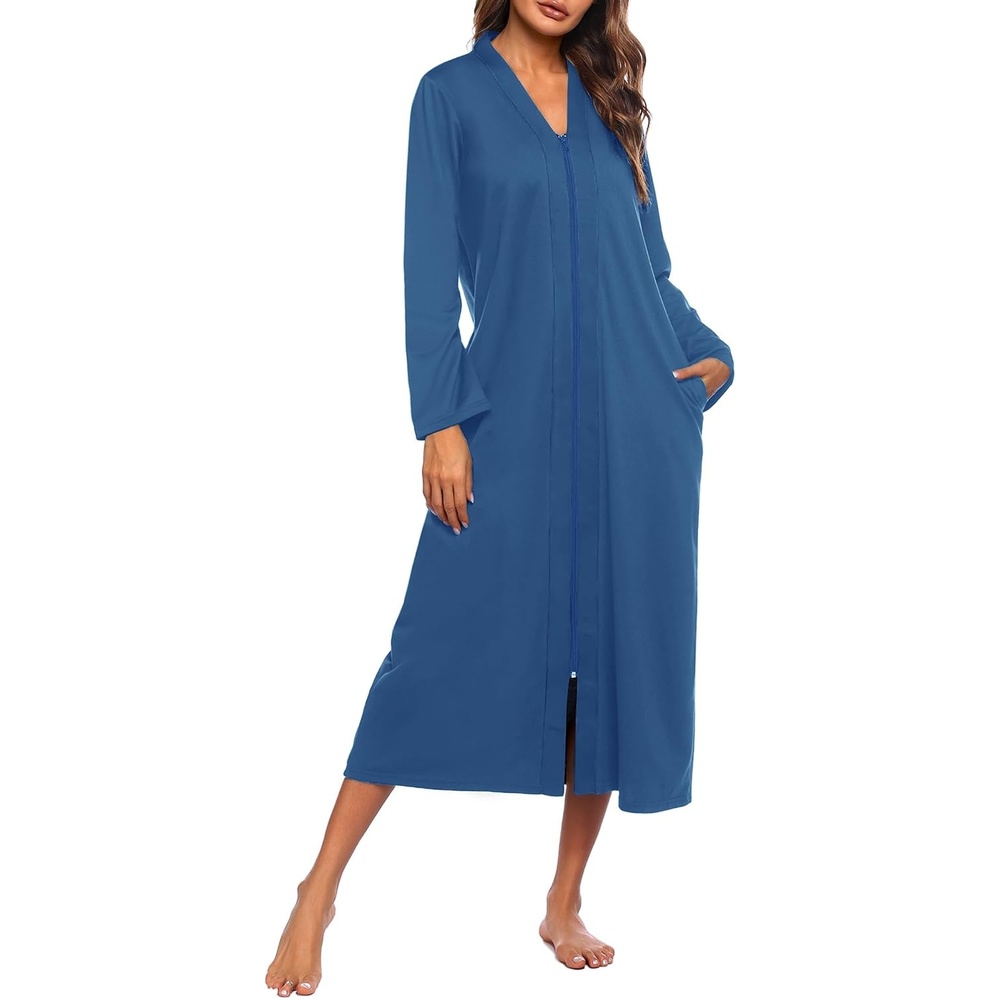 image:imageEkouaer Women Zipper Robe Long Sleeve Housecoat Soft Nightgown with PocketsSolid Navy