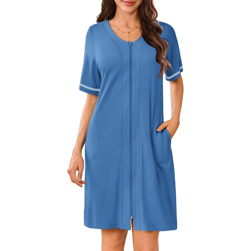 image:imageEkouaer Women Zipper Robe Short Sleeves Housecoat Bathrobes Zip Up RobeDark Blue
