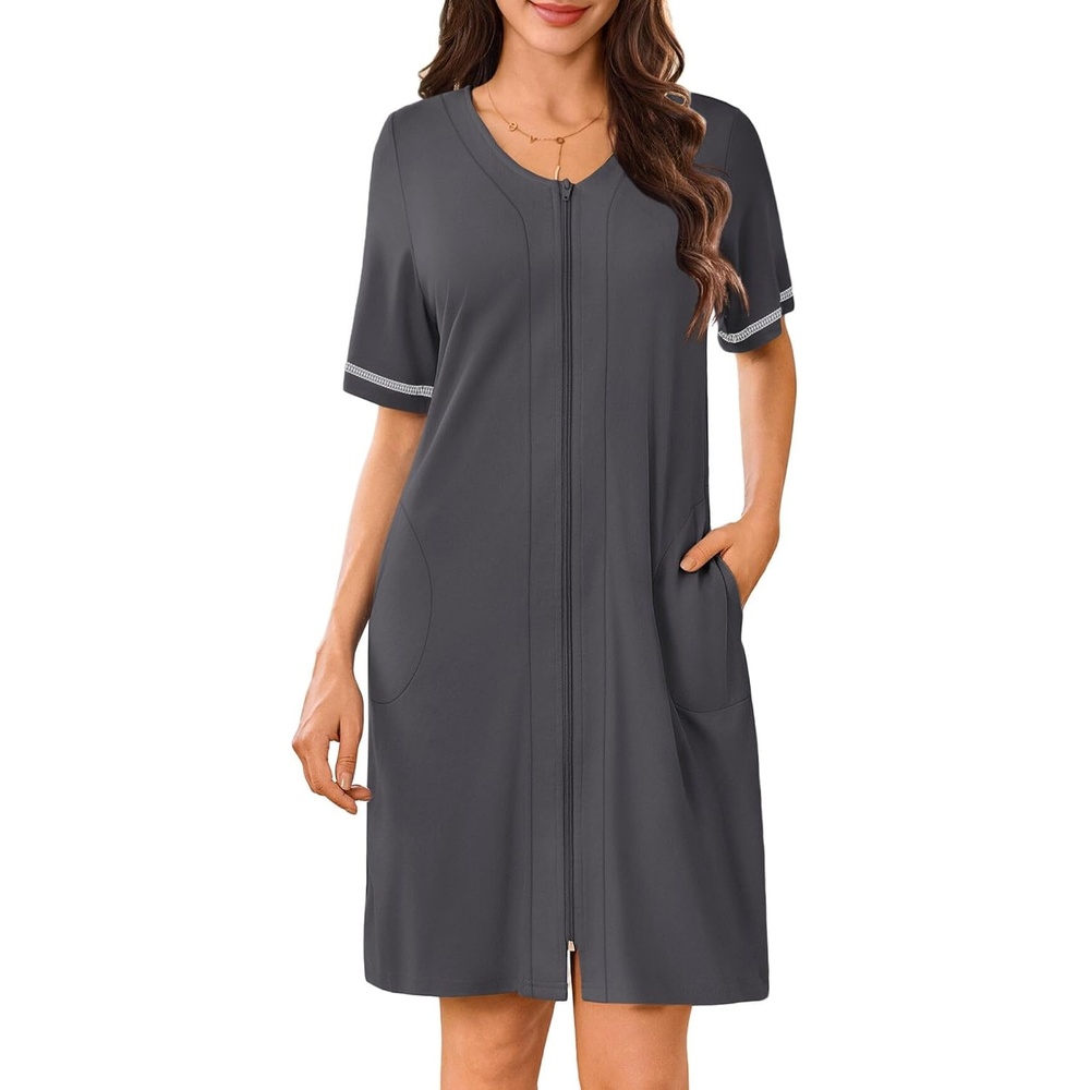 image:imageEkouaer Women Zipper Robe Short Sleeves Housecoat Bathrobes Zip Up RobeDark Gray